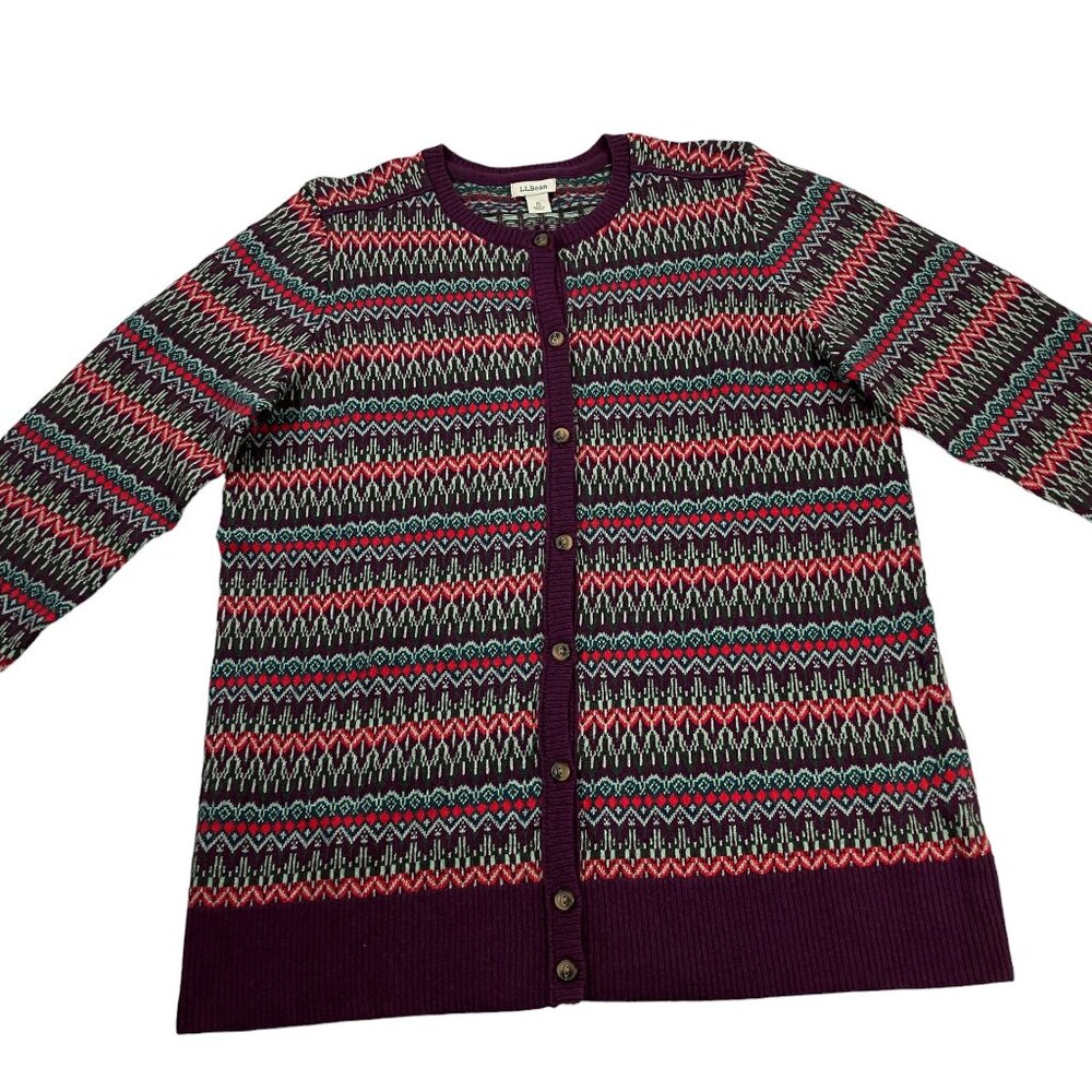 LL Bean Cardigan Sweater Womens Size M Fair Isle Plum Cotton Cashmere Button Up